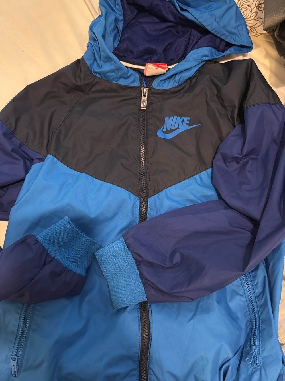Nike Kids Blue and Navy Colorblock Hooded Rain Jacket
